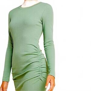 Stateside Ruched Midi Dress Ribbed Long Sleeve Sage Green Women's Size Medium